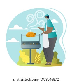 Cheerful man during sunny summer camping vacation cooking delicious crispy chicken. Flat abstract metaphor outline cartoon vector illustration concept. Simple colorful art isolated on white background