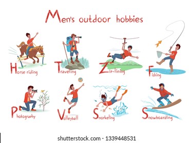 Cheerful man engaged in  activities:fishing, horse riding, photography, snorkeling, traveling, volleyball playing, snowboarding, zip-lining.Isolated vector illustration with texture in cartoon style