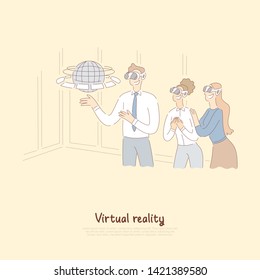 Cheerful man and excited girls in vr headsets, teacher showing students Earth hologram, augmented reality banner