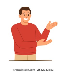 A cheerful man in flat style is presenting or gesturing with open hands. He is smiling and wearing a red sweater and beige pants. This illustration is suitable for presentations, explainers, and other