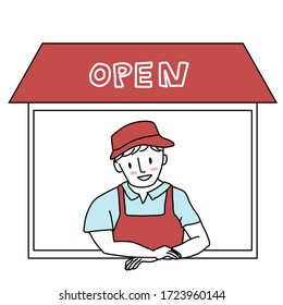 Cheerful man at food stall smiling. Smiling man in apron at food stall. Shopkeeper in apron standing at food booth. Happy man standing at storefront and welcoming customer.