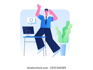 A cheerful man in formal attire celebrates in an office setting with a computer and a plant. Vector illustration