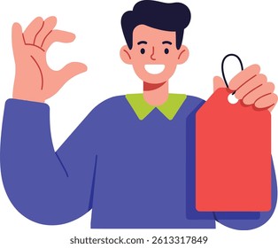 A cheerful man with a friendly smile displays a red price tag while gesturing with his hand, conveying enthusiasm and positivity in a vibrant setting.