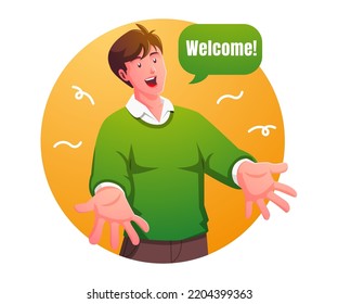 Cheerful Man Gesturing Welcome Sign And Smiling