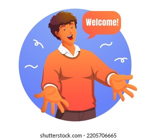 Cheerful Man Gesturing Welcome Sign And Smiling