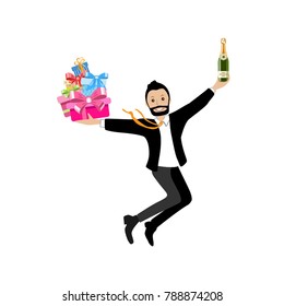 Cheerful man with gifts and wine. Gift boxes with bows. Bottle with champagne. Isolated Vector Illustration.