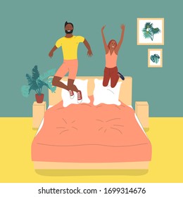 Cheerful man and a girl jumping on a bed in bedroom.  Flat style vector illustration.