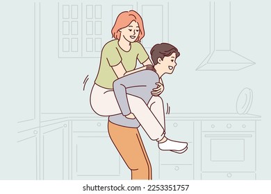 Cheerful man giving woman ride on back while having fun together in kitchen after buying own apartment. Happy married couple have fun enjoy long awaited weekend. Flat vector design 