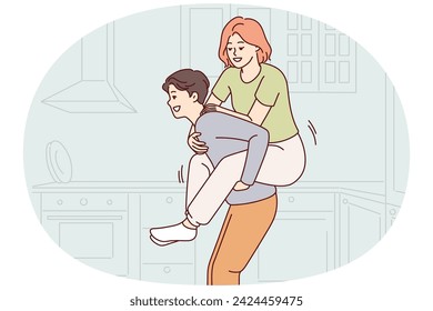 Alegre hombre dando a la mujer paseo en la espalda mientras se divierten juntos en la cocina después de comprar su propio apartamento. Feliz pareja casada divertirse disfrutar de un fin de semana muy esperado. Diseño vectorial plano