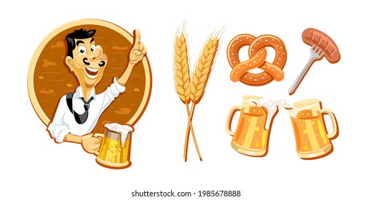 Cheerful man with a glass of beer, beer set from different items. A mug of beer, wheat, sausages, pretzel. Vector illustration on white background.