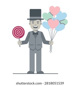 Cheerful man in gray suit and top hat holding large lollipop and colorful heart shaped balloons