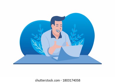 hombre alegre que tiene videollamada en la ilustración vectorial de la computadora portátil