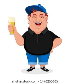 Cheerful Man Holding A Glass Of Beer. Vector Illustration On White Background