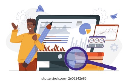 A cheerful man holding a large pencil stands next to a computer screen displaying charts and graphs. Magnifying glass and books symbolize data analysis and research. Vector illustration