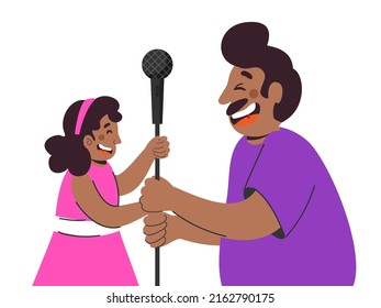 Cheerful Man Holding Mic Stick With His Daughter Against White Background.