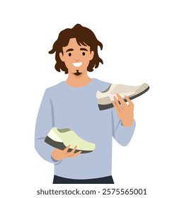 Cheerful man holding two different shoes, thoughtfully deciding on the best option. Flat vector illustration isolated on white background