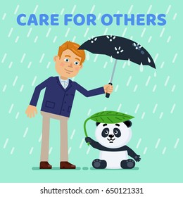 Cheerful man holding umbrella over cute little panda on a rainy day. Care for others - motivation quote. Simple vector illustration