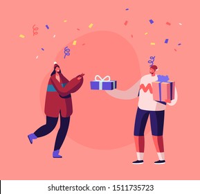 Cheerful Man in Knitted Sweater and Santa Hat Giving Present to Young Happy Woman on Christmas or New Year Party Celebration with Confetti Flying on Winter Holidays. Cartoon Flat Vector Illustration