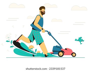 A cheerful man with a lawn mower mows the grass against the background with clouds and a frog. Vector illustration.
