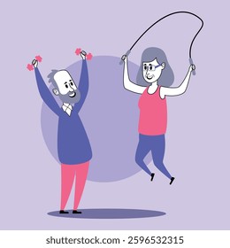 Cheerful man lifting small weights while woman jumping rope, both enjoying their fitness routine in colorful indoor setting. Enthusiasm for healthy living concept