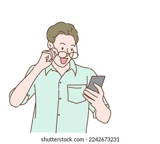 Cheerful man is looking at his mobile phone, he is surprised and joyful. Hand drawn in thin line style, vector illustrations.