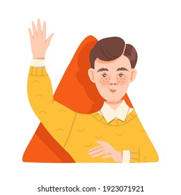Cheerful Man Looking Out of Window and Waving Hand Vector Illustration