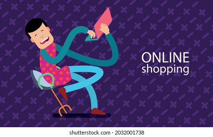 A cheerful man makes online purchases on a laptop. Vector banner