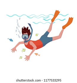 Cheerful man in mask is swimming under water using a snorkel. Vector isolated illustration with texture in cartoon style.