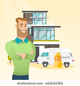 Cheerful man moving to a new house. Young happy man standing in front of his new home. Caucasian new homeowner unloading boxes from pantechnicon van. Vector flat design illustration. Square layout.