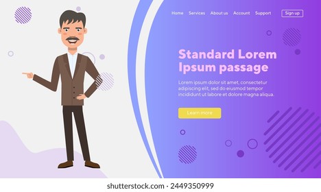 Cheerful man with mustache making presentation or advertising something. Flat vector illustration. Office employee, business, advertisement, marketing concept for website design, banner, landing page