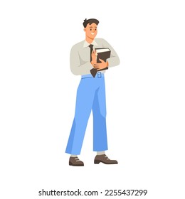 Cheerful Man Office Worker Carrying Folder and Smiling Vector Illustration