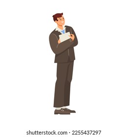 Cheerful Man Office Worker Standing with Paper Document and Smiling Vector Illustration