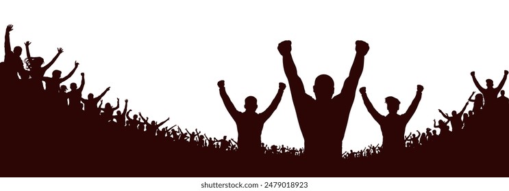 Cheerful man on background of crowd people silhouette, cheerful fans people at stadium.  Sports event or concert. Vector illustration