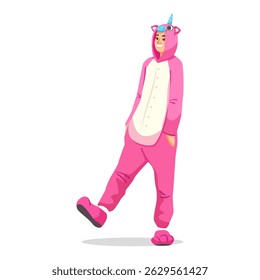 Cheerful man in a pink unicorn onesie costume smiling and walking playfully, cartoon style, isolated on white background. Concept of fun outfit. Vector illustration