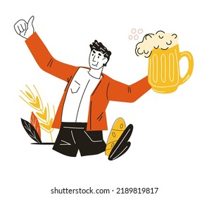 Cheerful man with pint of beer flat cartoon vector illustration isolated on white background. Personage for beer fest and drinks labels design.