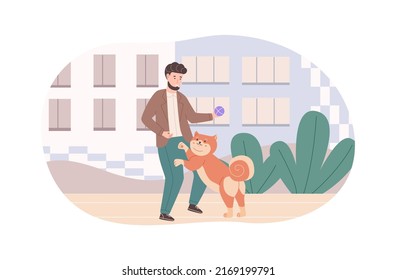 Cheerful man playing and training his dog outdoors. Happy pet owner throwing small ball to his pet. Guy having fun with four legged animal friend on street flat vector