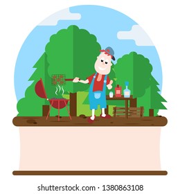Cheerful man preparing barbecue on the barbecue grill cartoon vector Illustration