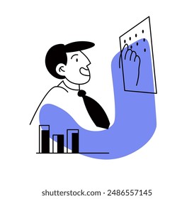 Ein fröhlicher Mann präsentiert eine Tabelle mit wachsenden Stäben in einem modernen, flachen Stil. Vektorillustration isoliert auf weißem Hintergrund. Ideal für Geschäfts- und Bildungszwecke.