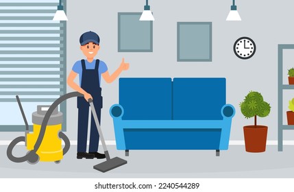 Cheerful man professional cleaner in uniform vacuuming floor in office and showing thumbs up. Cleaning service company staff flat vector