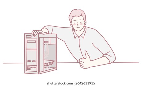 Um homem alegre orgulhosamente exibindo um elegante e moderno aparelho de cozinha enquanto faz um gesto de miniatura