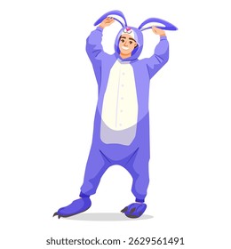 Cheerful man in a purple bunny onesie holding up ears, flat cartoon style on white background. Concept of fun, costume party. Vector illustration