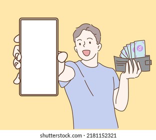 Cheerful man raised his hand to show the screen in mobile phone and money wallet. Hand drawn in thin line style, vector illustrations.