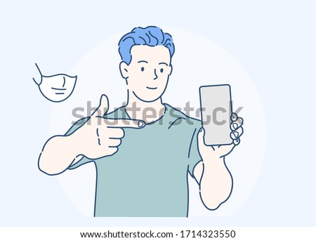 Cheerful man raised his hand to show the screen in mobile phone and pointing finger. Hand drawn in thin line style, vector illustrations. (A Mask can be removable)