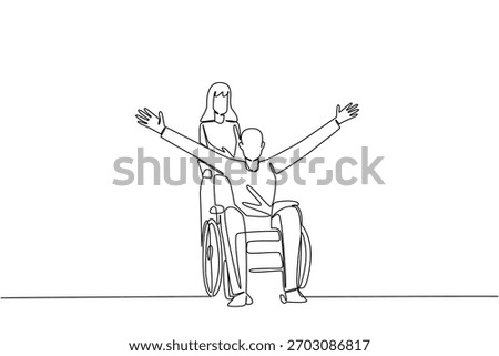 A cheerful man raises arms while a woman assists his wheelchair in continuous line drawing, marking National Random Acts of Light Day theme with a health concept, spreading hope, care, and inclusion