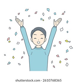 A cheerful man raising her arms in celebration with confetti falling around her, representing success or achievement.