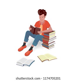 Cheerful man is reading a book sitting on the floor. Vector isolated illustration with texture in cartoon style.