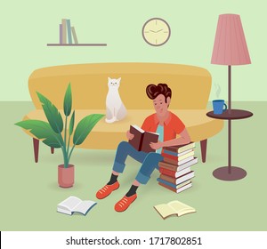 Cheerful man is reading a book sitting on the floor in leaving room at home. Vector illustration with texture in cartoon style.