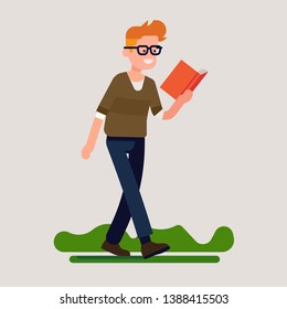 Un hombre alegre leyendo mientras camina la ilustración vectorial de diseño plano. Ilustración conceptual del ratón de biblioteca sonriente. El amante de los libros devotos no puede dejar de leer su libro favorito