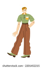 Cheerful man in retro 1960s or 1970s clothes walking. Mid-century modern fashion. Trendy vintage outfit. Smiling male character. Flat hand drawn cartoon vector style