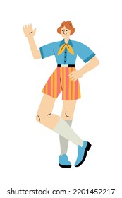 Cheerful man in retro 1960s or 1970s clothes standing and waving. Mid-century modern fashion. Trendy vintage outfit. Smiling male character. Flat hand drawn cartoon vector style
